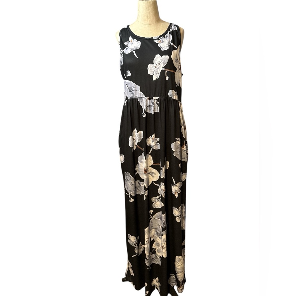 ZZER Floral Maxi Dress Women XL Black White Sleeveless Flowy Long Casual